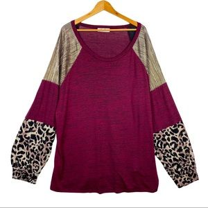 Haptics Animal Print Burgundy Balloon Sleeve Metallic Stretchy Lightweight Top